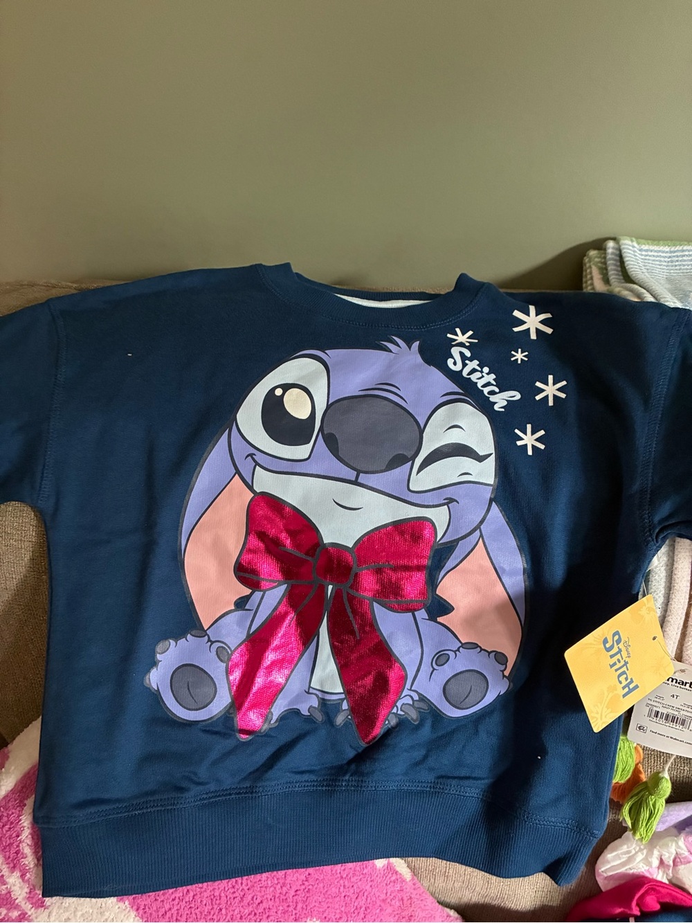Disney Stitch Navy Kids Pajama Top with Shiny Pink Bow